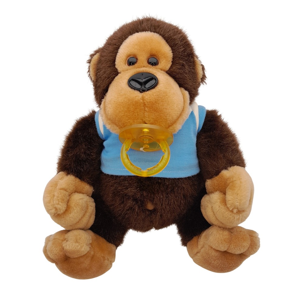 Vintage 1985 Dakin Gorilla Plush Brown Monkey Blue Shirt Pacifier Stuffed Animal